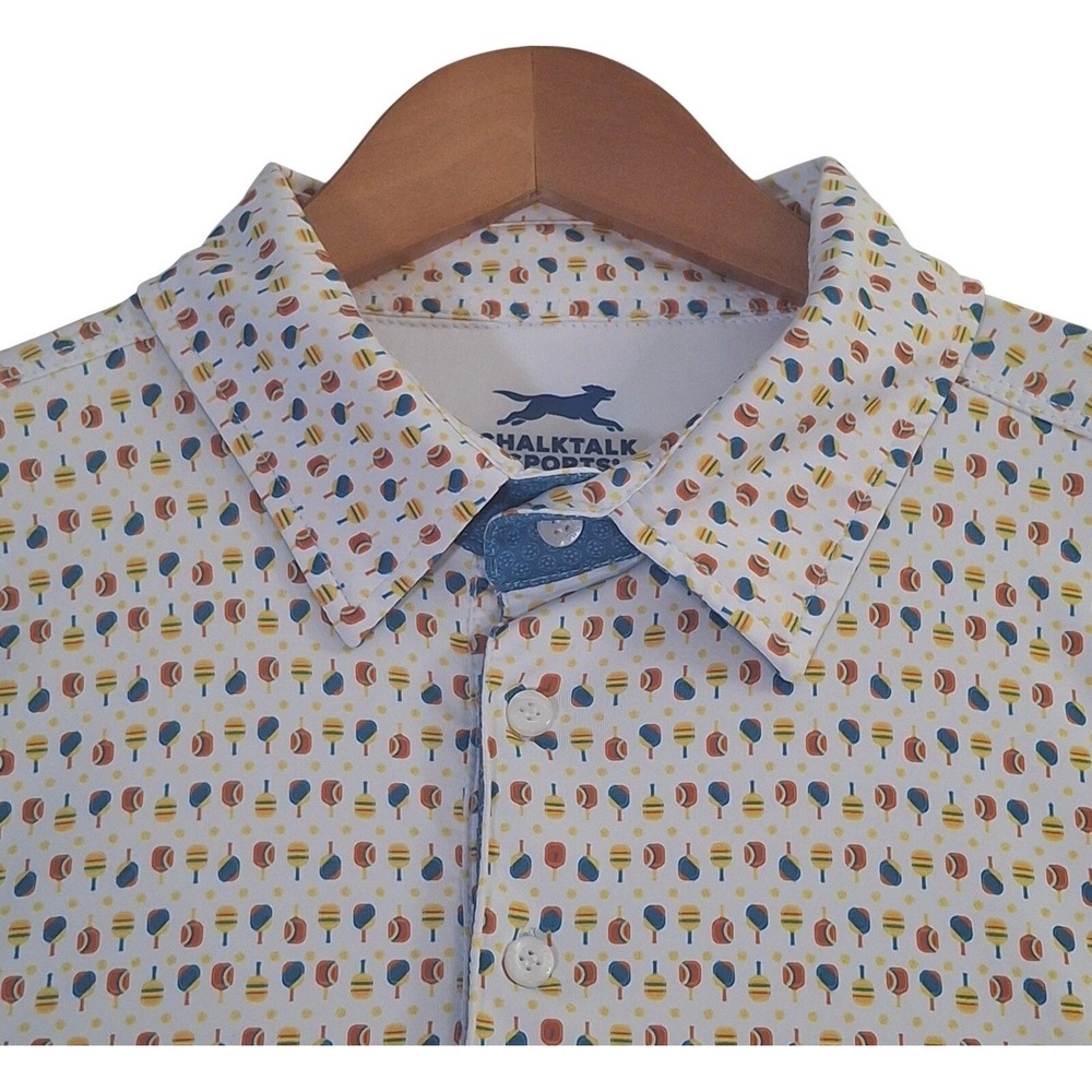 ChalkTalk‎ SPORTS Mens L Polo Shirt White Paddle Print Performance Golf
